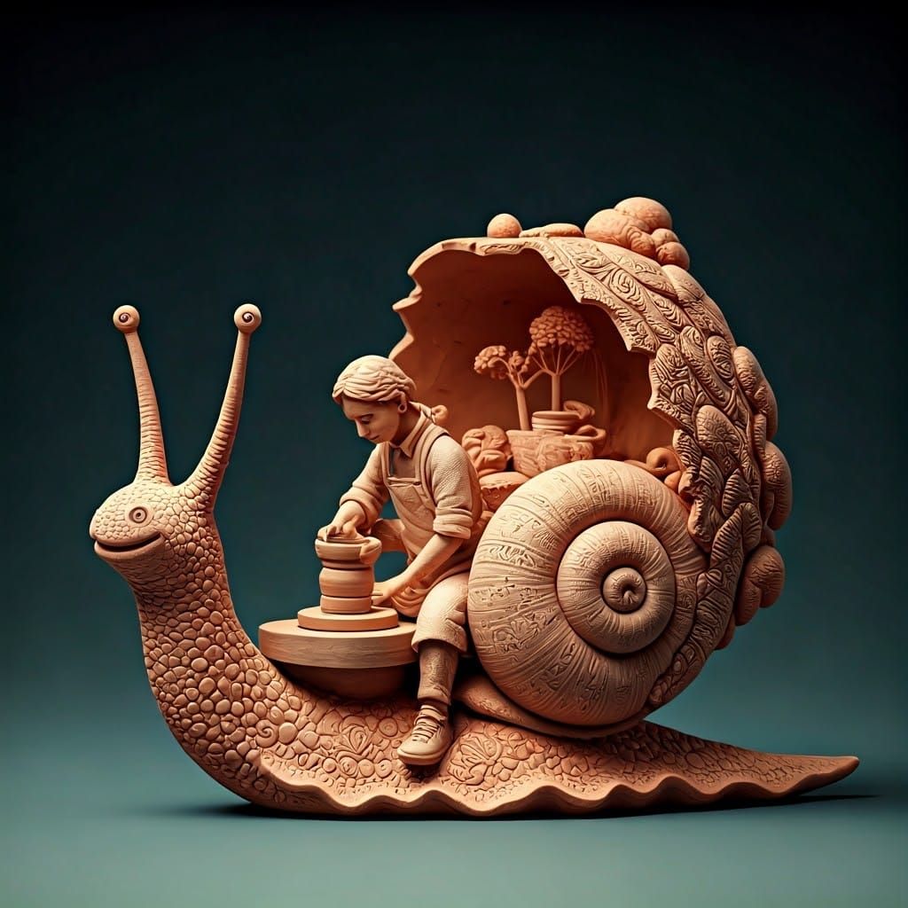 Surreal Clay Sculpture of Potter on Snail