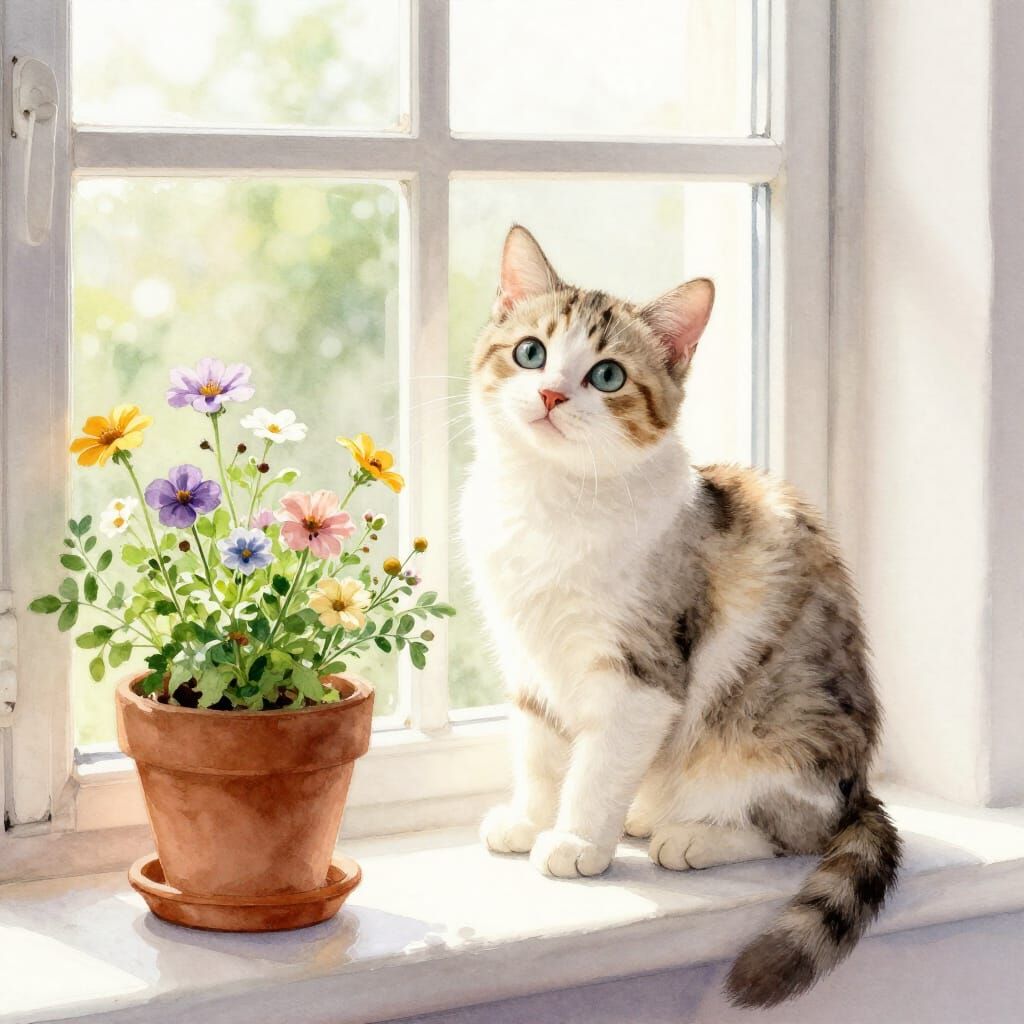 Watercolour Kitten on Sunny Window Sill with Wildflowers