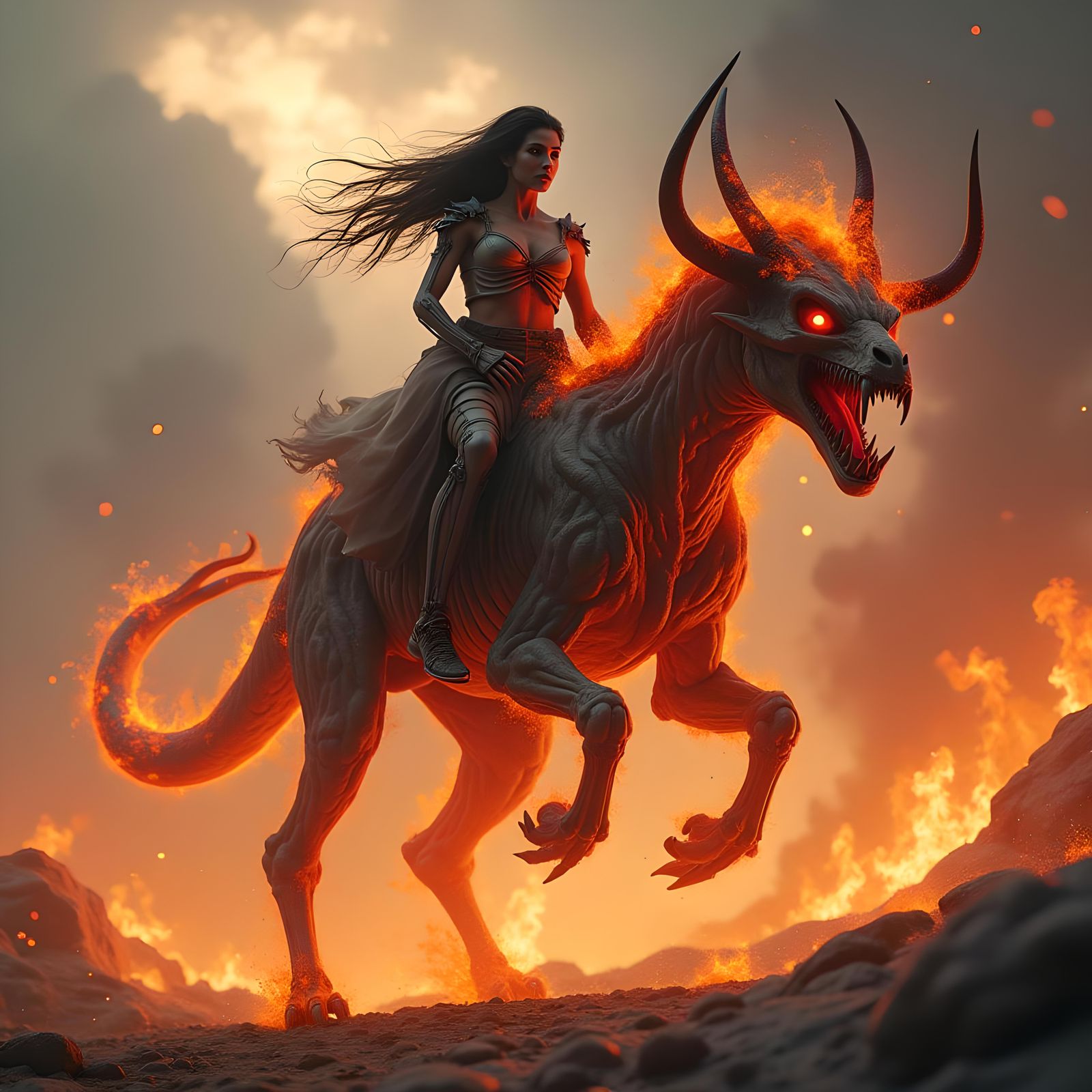 Skeletal Rider on Fiery Beast in Fantasy Landscape