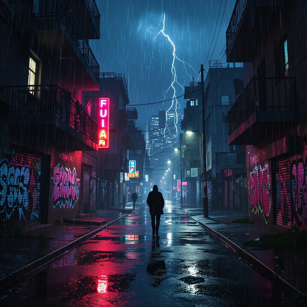 Cinematic Ghetto Storm Scene with Neon Reflections