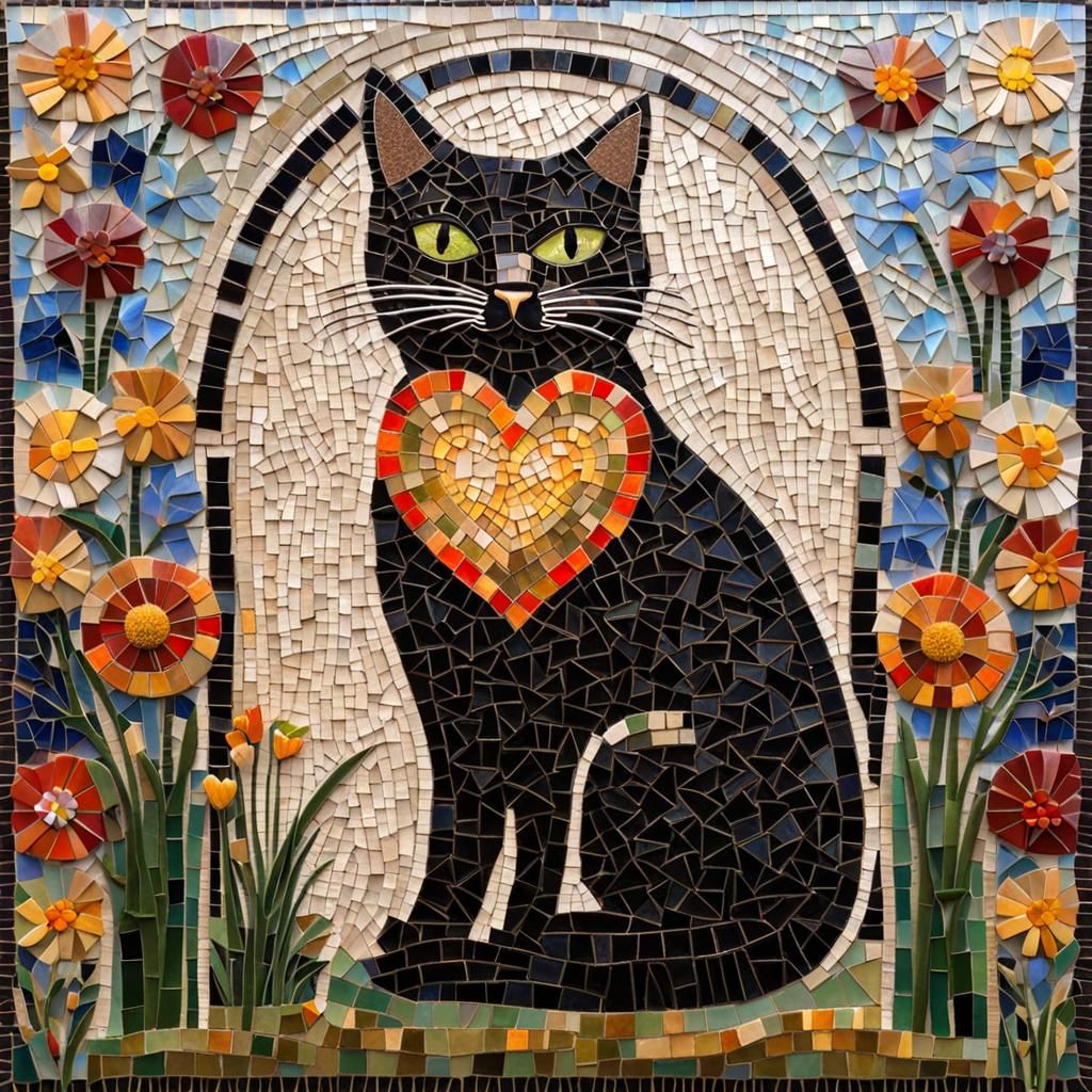 Mosaic Cat Surrounded by Flowers in Modernist Style