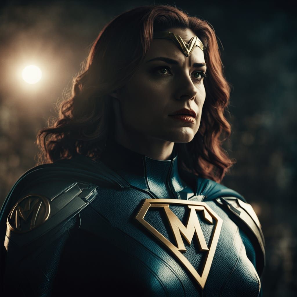 Superhero Woman With M Emblem, Cinematic Style