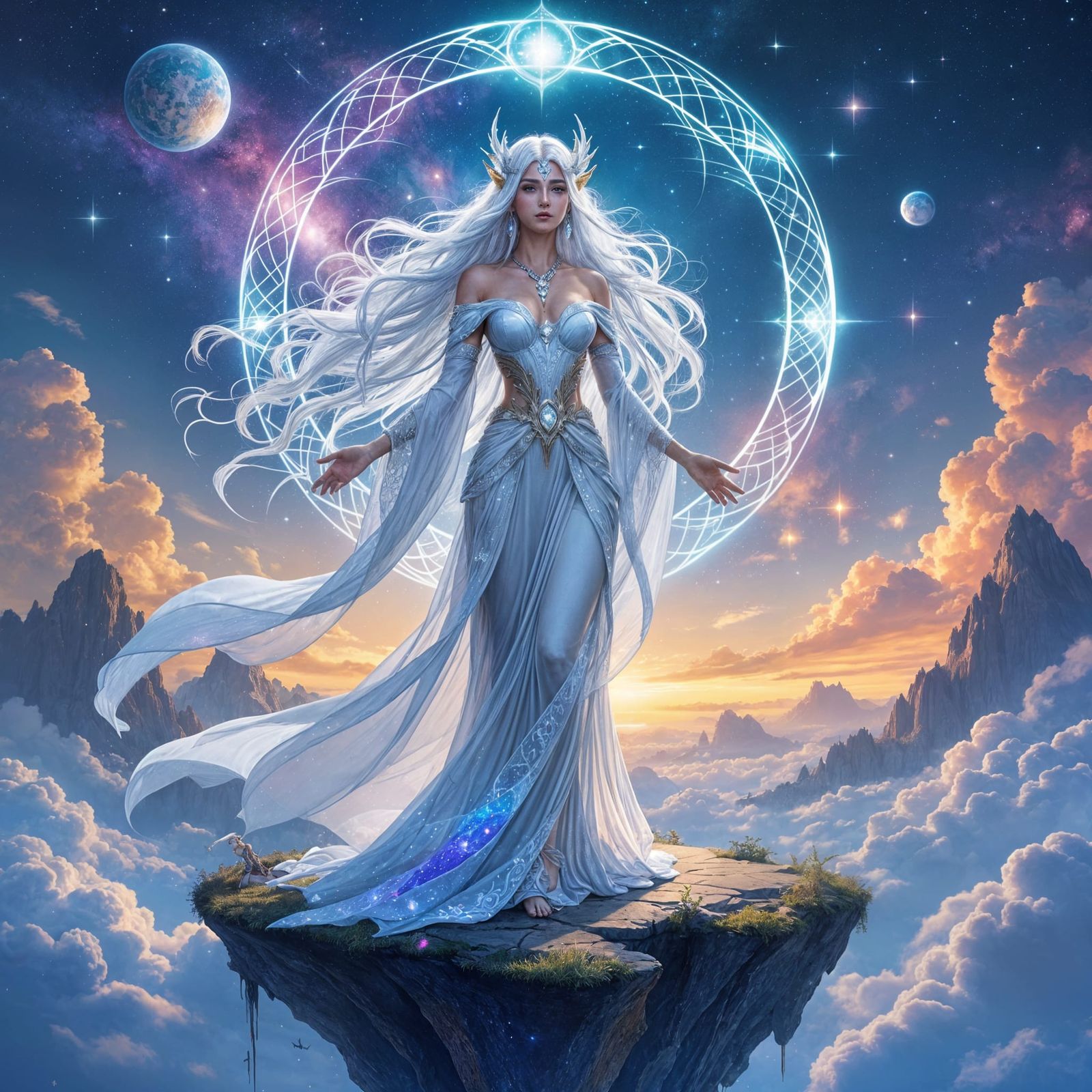 Elven Goddess on Floating Island Amidst Nebula