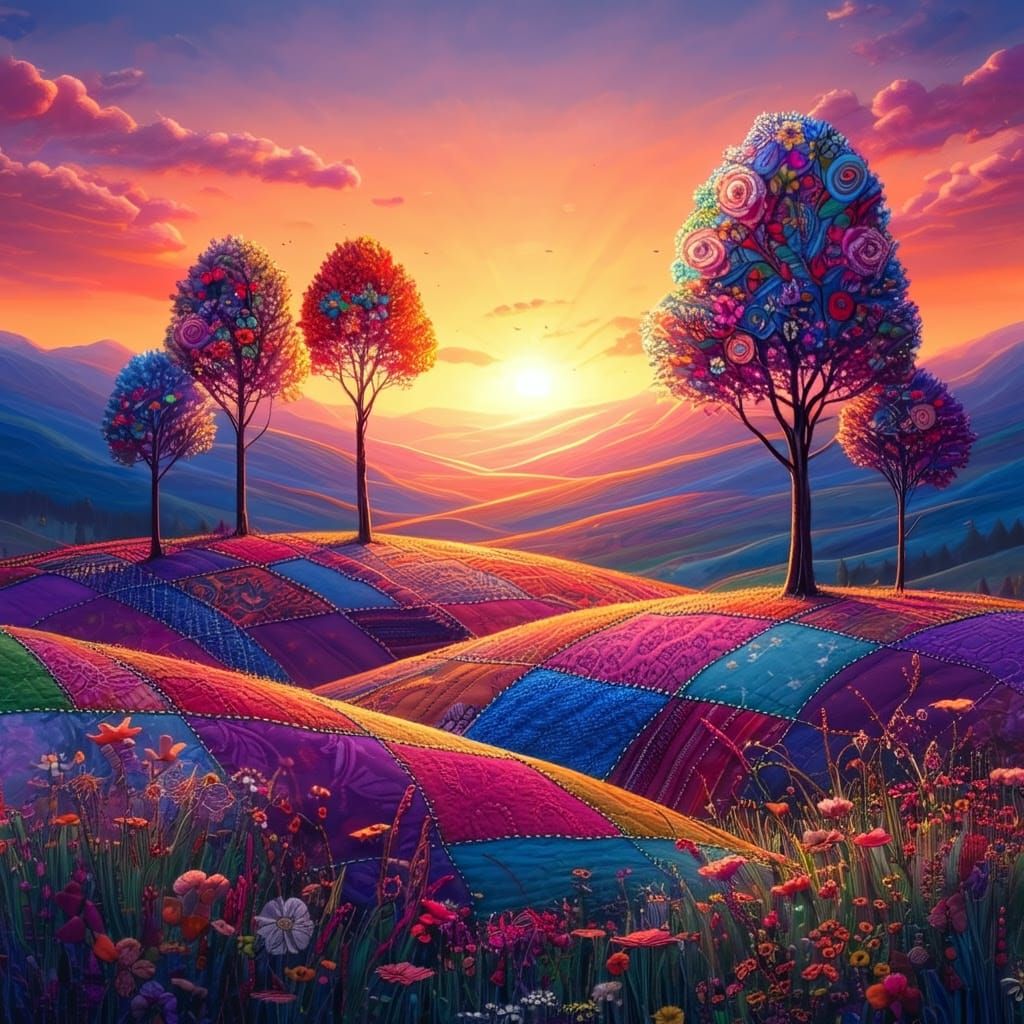 Vibrant Quilted Landscape with Stylized Trees and Wildflower...
