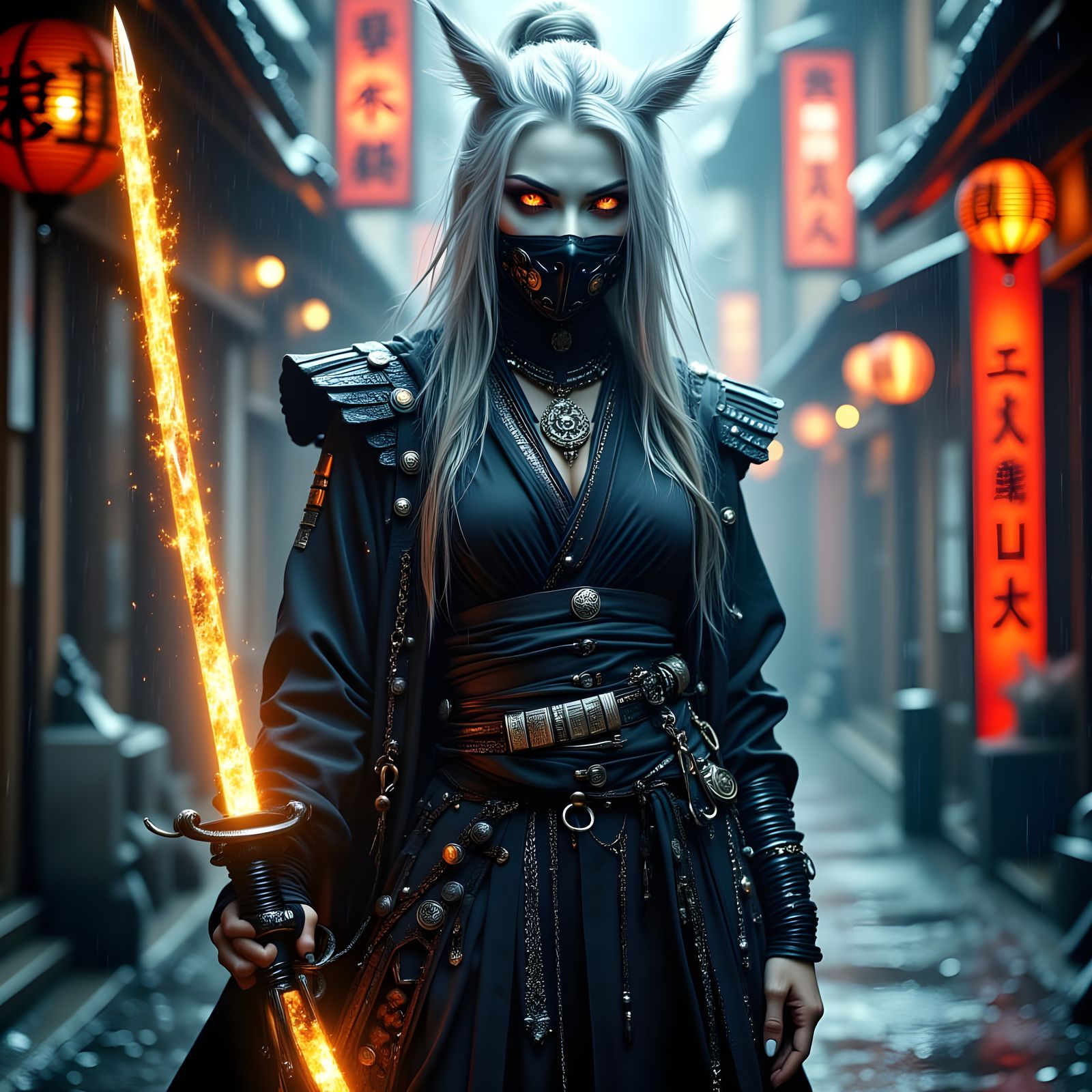 Cyberpunk Goth Werewolf Samurai in Neo-Tokyo