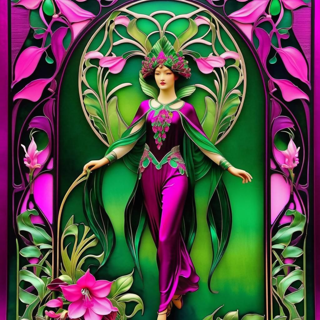 Fuchsia and Emerald Botanical Abstract in Art Nouveau Style