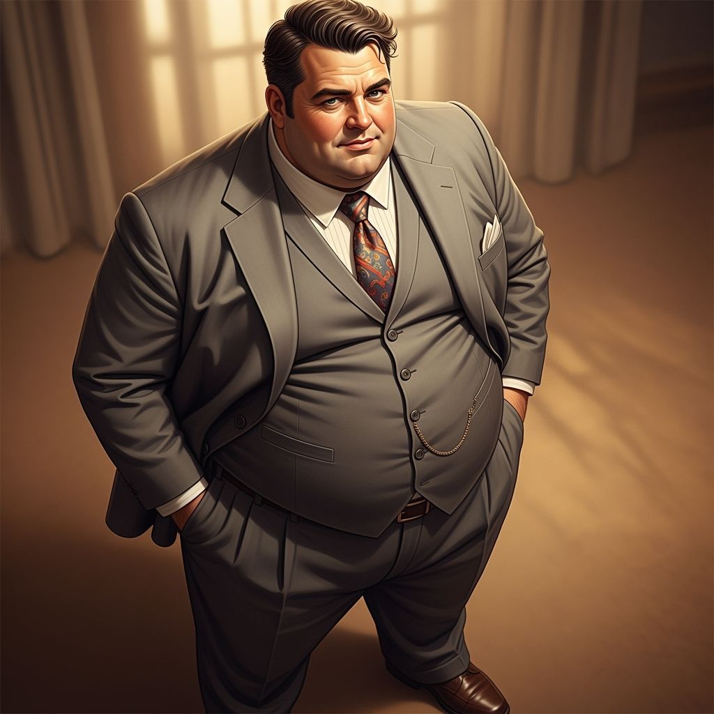 Confident Man in Suit with Large Belly