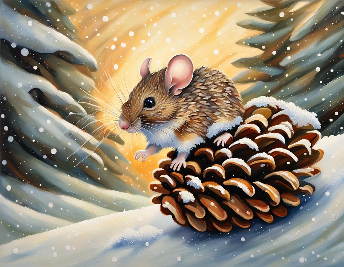 Folk Art Wonder: Mouse Tumbles Down a Snowy Hillside in Whim...