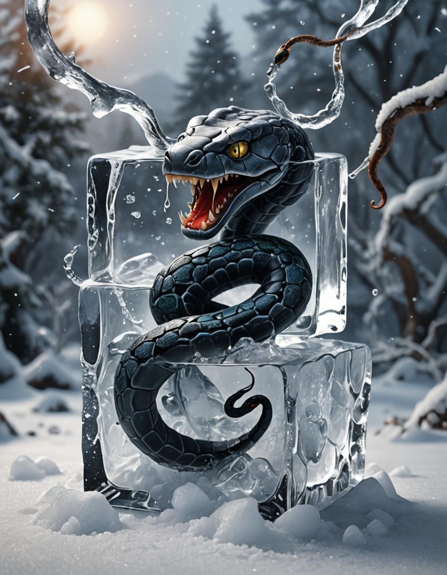Ink Snake Tattooed on Ice Cube in Snowy Scene