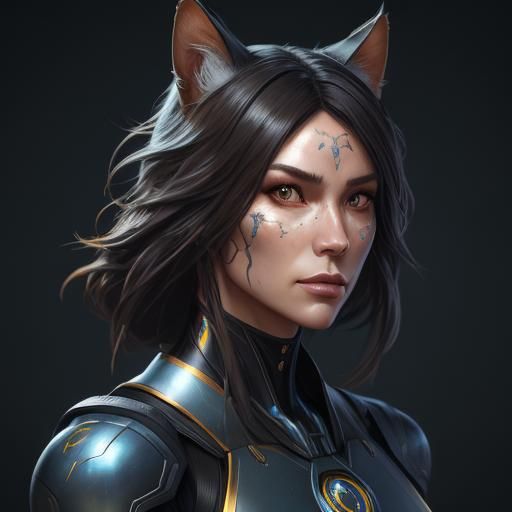 Bionic Cat Girl Portrait in Hyperdetailed Style