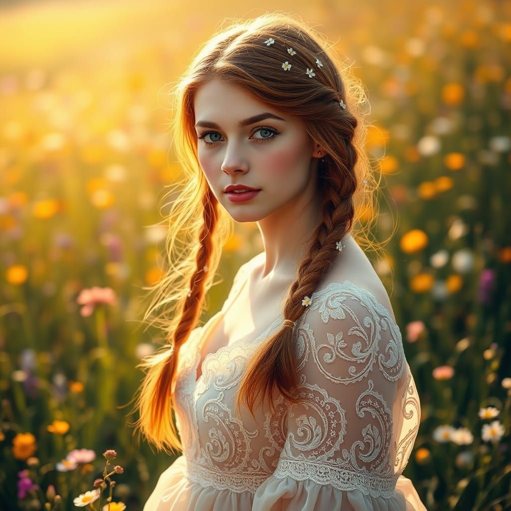 Romantic Pre-Raphaelite Woman in Sunlit Meadow