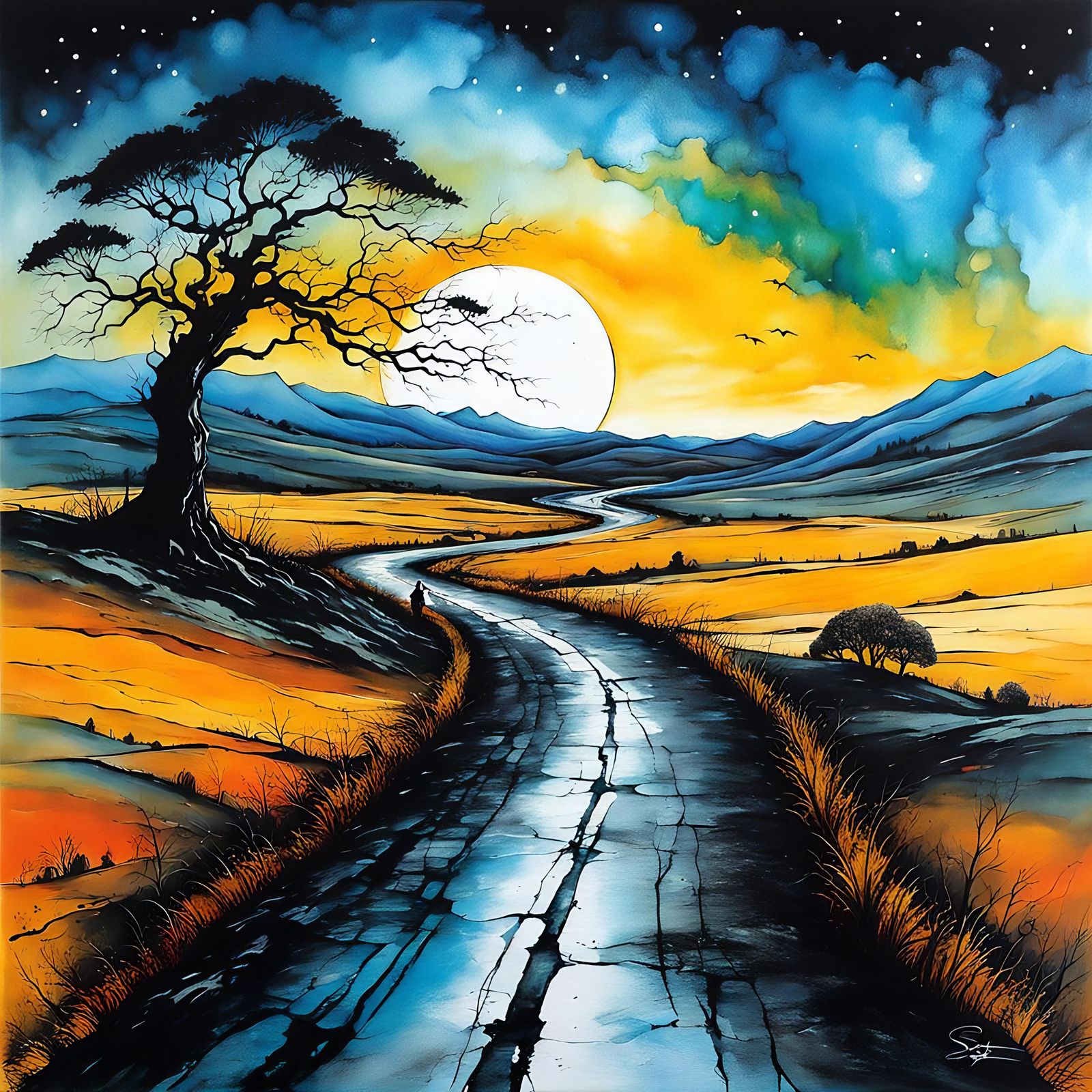 Surreal Road to Infinity in Twilight Shadows