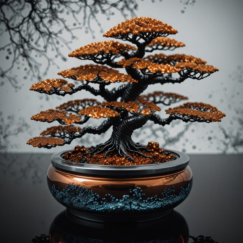 Molten Copper Bonsai with Ferrofluid Reflections