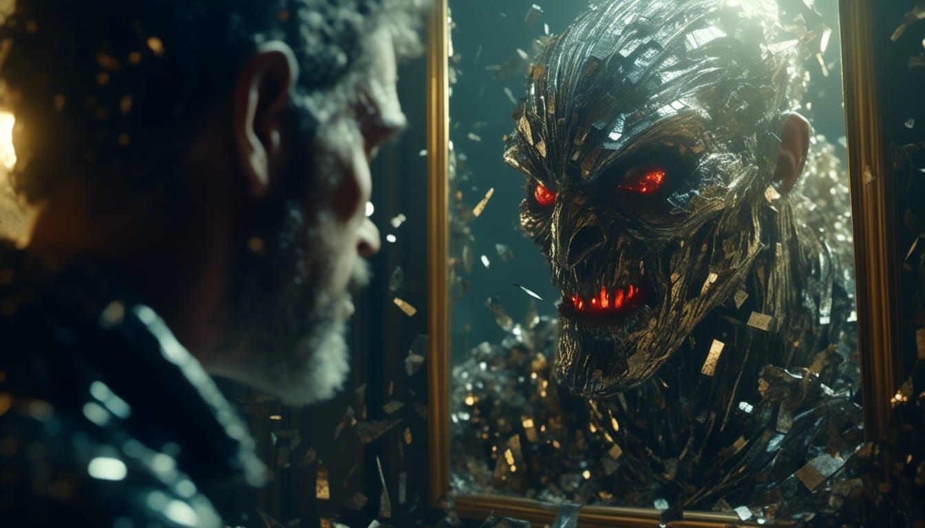 Eerie Reflections: Man and Monster in Mirror