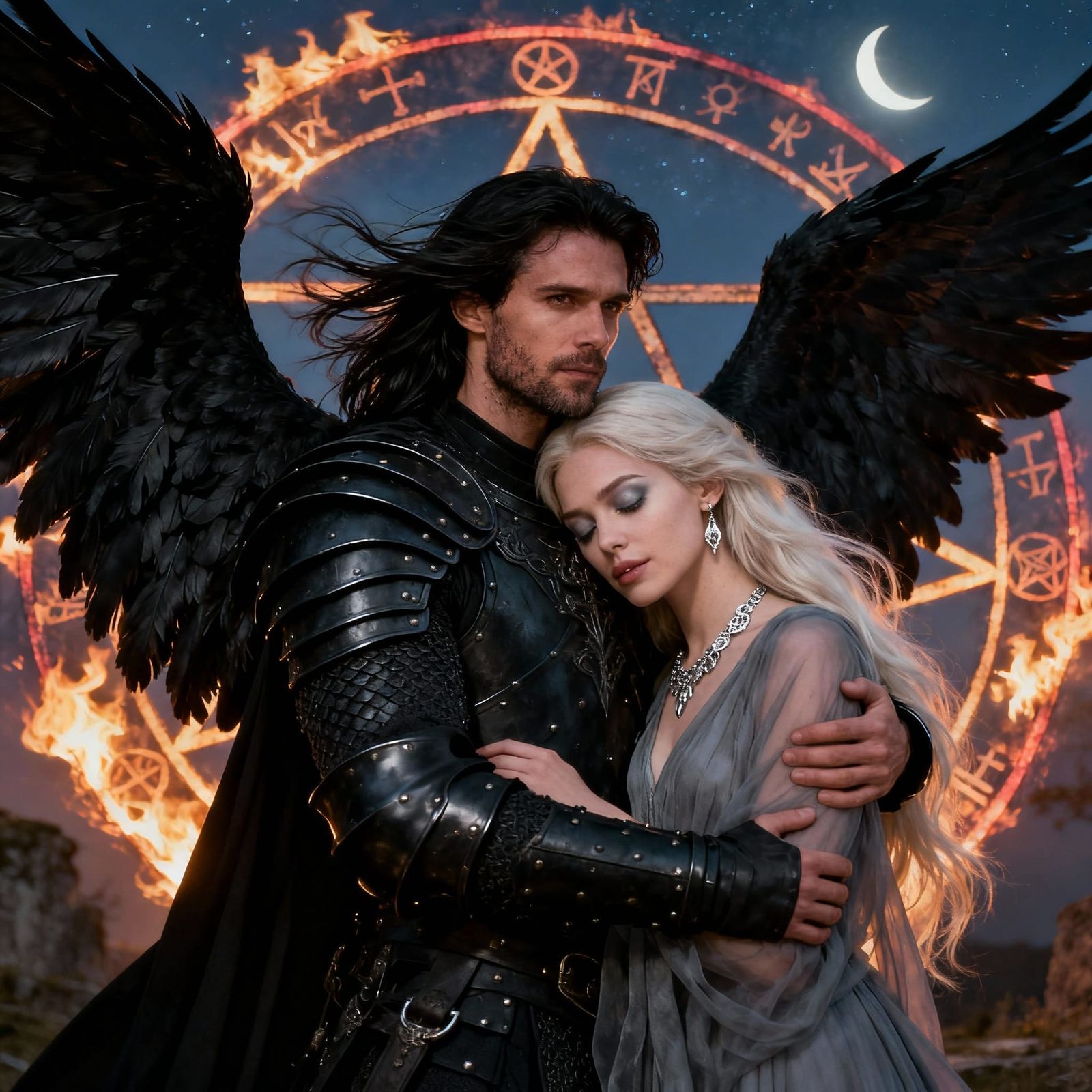 Warrior and Goddess in Occult Night Scene