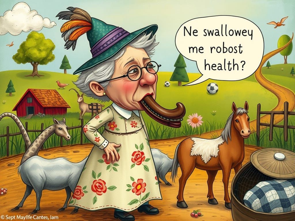 Whimsical Old Lady Swallows Horse in Colorful Countryside