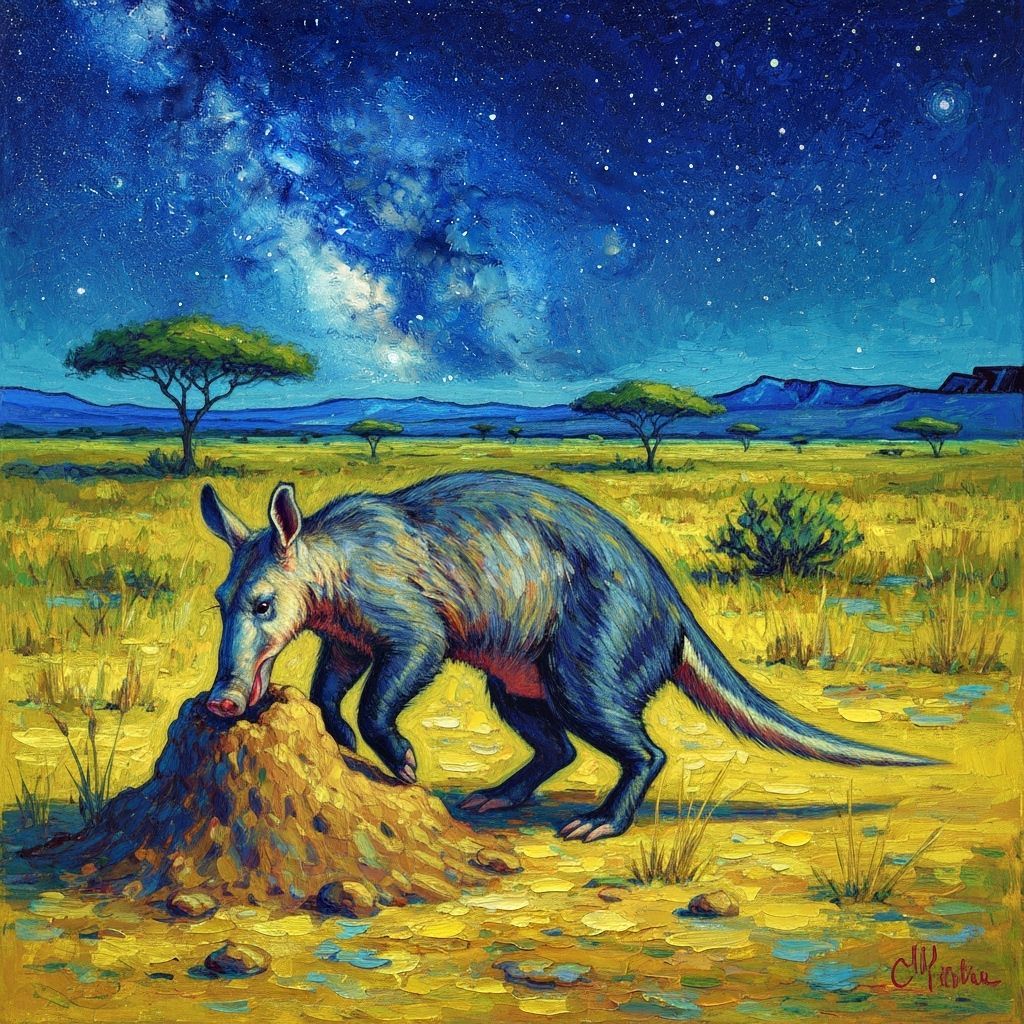 Aardvark Digging Under Starry Night Sky in Van Gogh Style