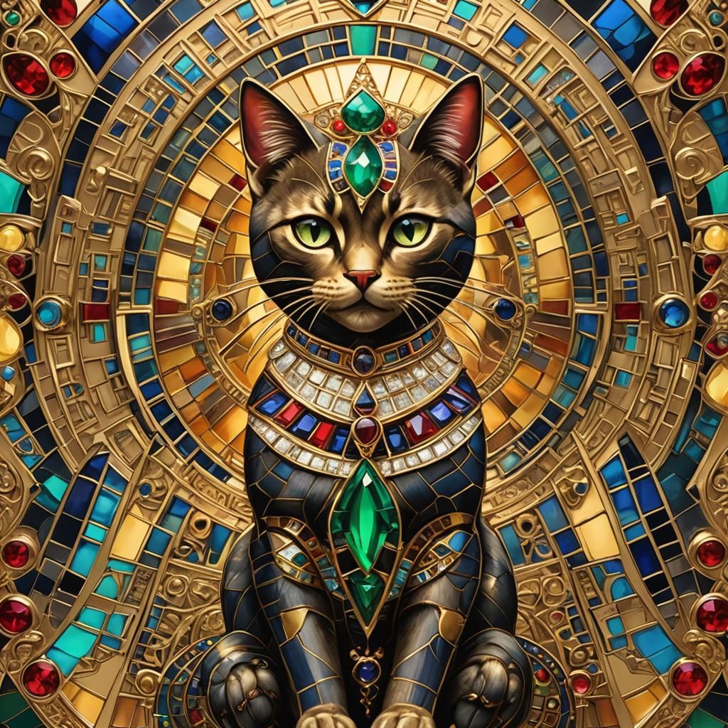 Egyptian Goddess Bastet Brooch in Gold and Jewels