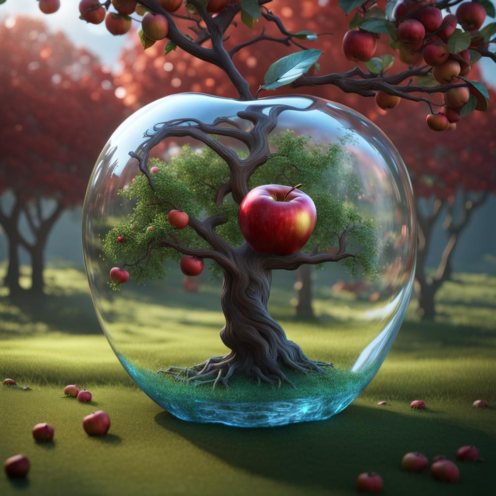 Glass Apple With Apple Tree, Detailed Matte Painting