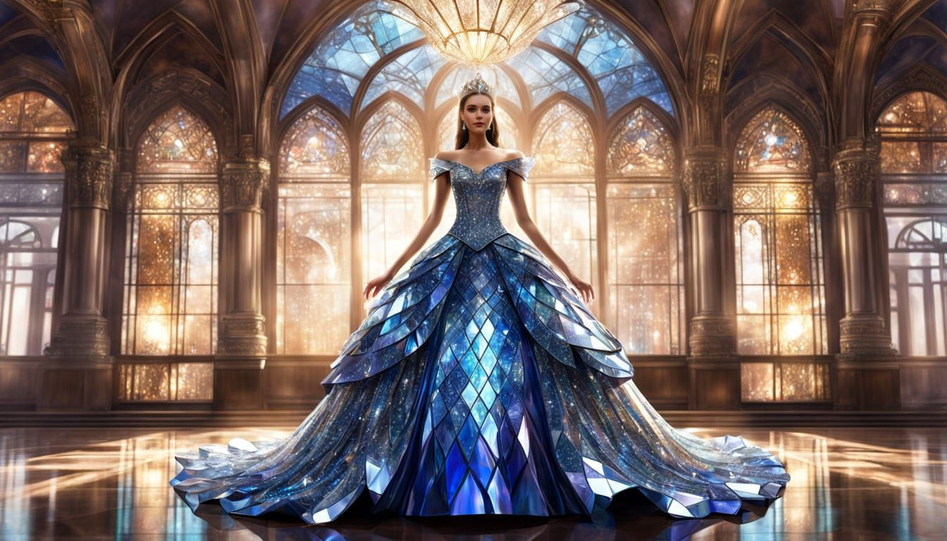 Princess in Shimmering Glass Dress in Ballroom