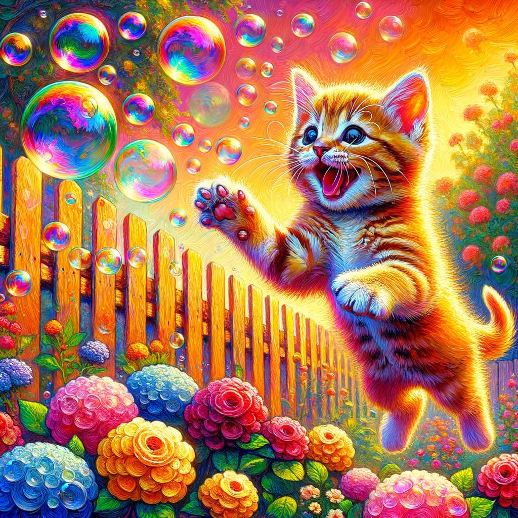 Kitten's Bubble Chase: Fauvist-Inspired Backyard Scene