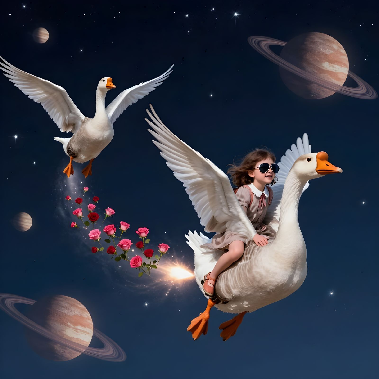 Girl Rides Giant Goose into Orbit with Falling Stars