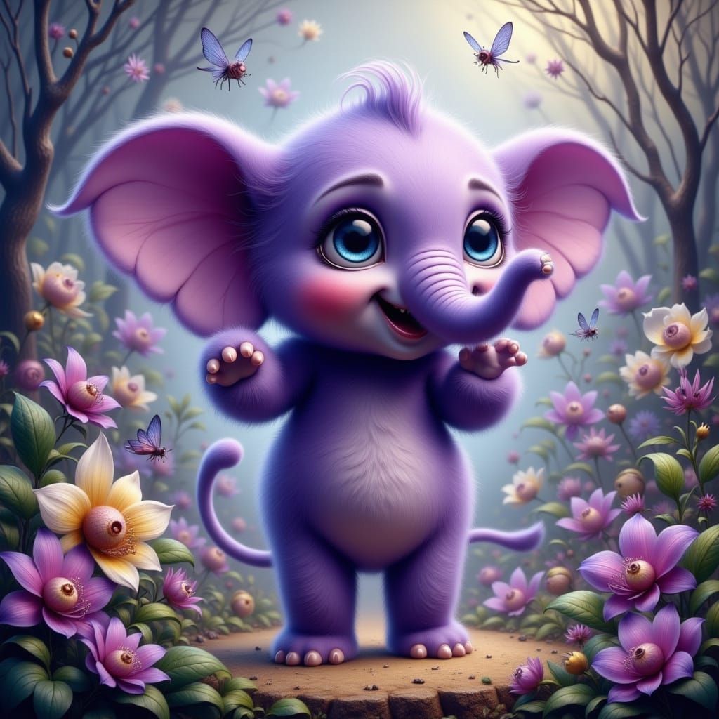 Whimsical Purple Baby Elephant in Bohemian Fantasy Landscape