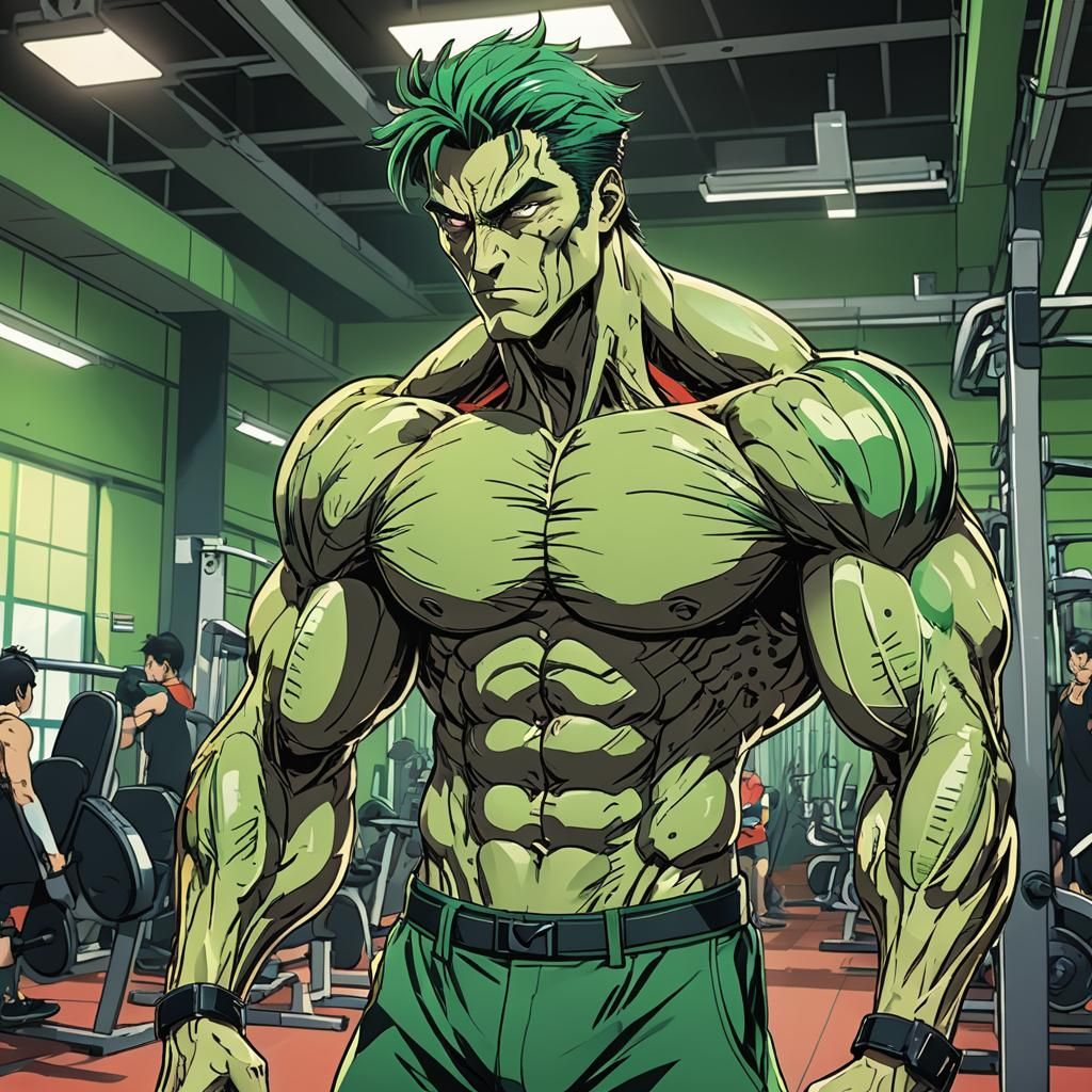 Dynamic Anime Gym Scene with Muscular Green-Patched Man