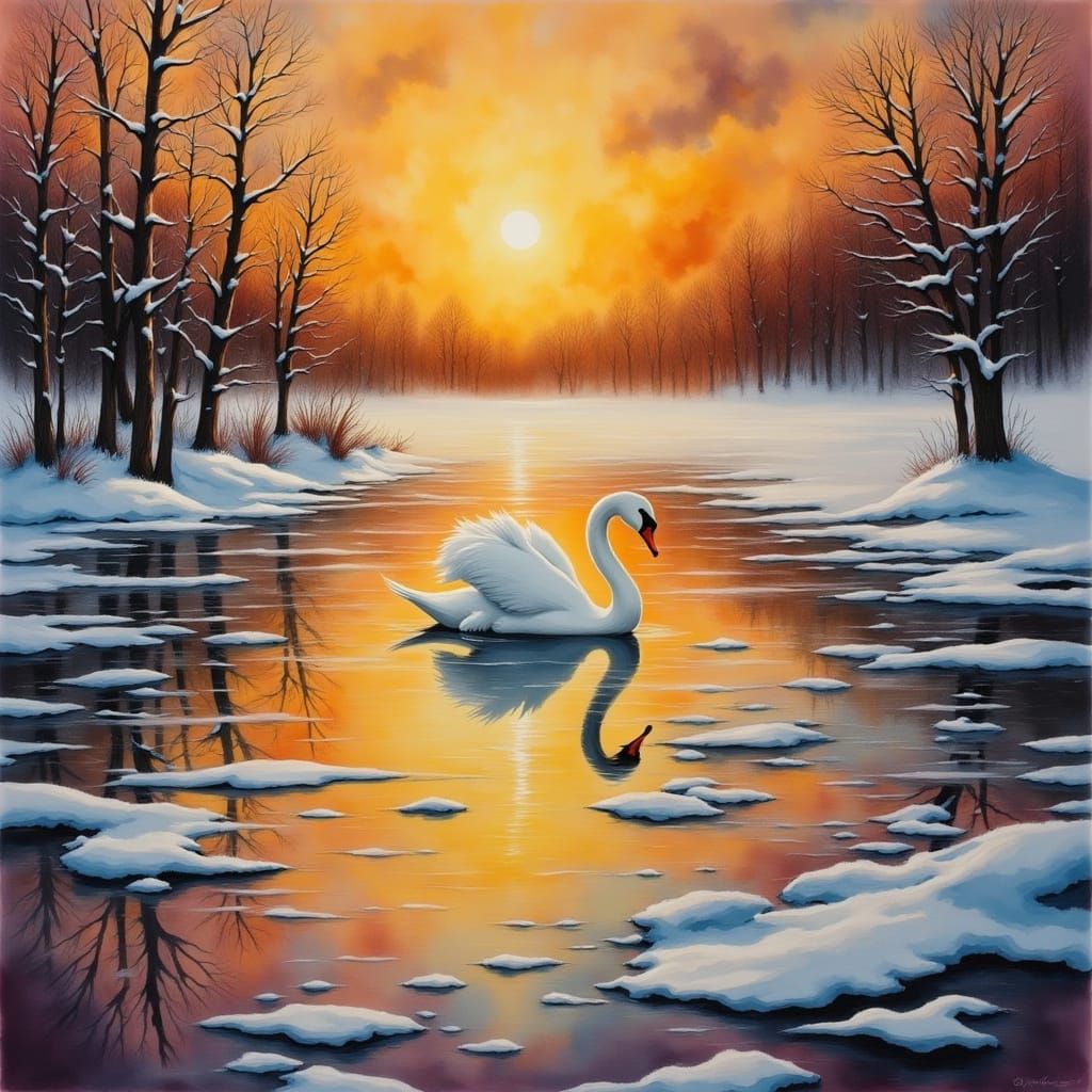 <lora:Whimsical 2:1.0> Golden Sunset Reflection on Icy Lake with Swan

In a winter thaw, a lone swan glides across a par...