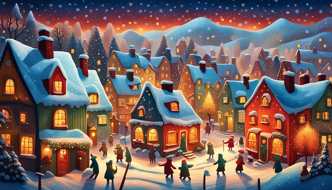 Whimsical Winter Village in Folk Art Style