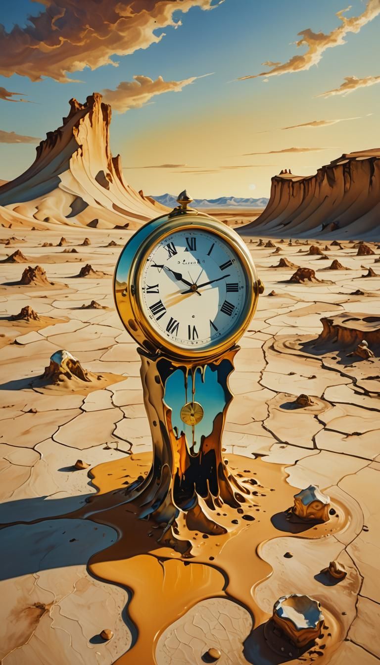 Surreal Melting Clock in Desert Landscape