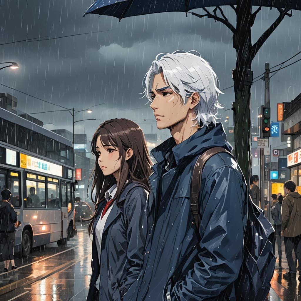 Anime Man at Bus Stop in the Rain
