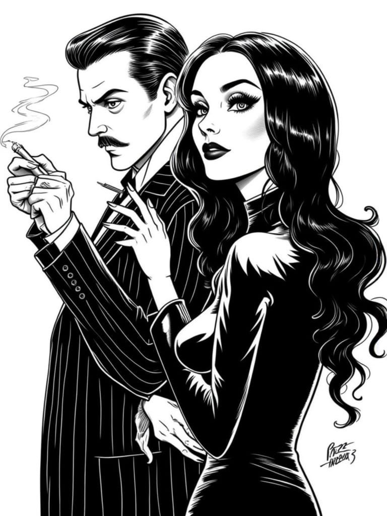 Gomez and Morticia Addams: Black and White Sketch