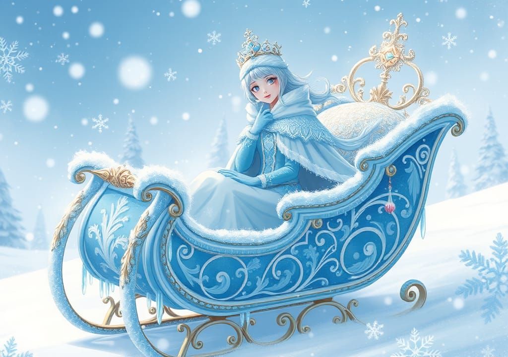 Snow Queen in Frozen Sleigh, Anime Style