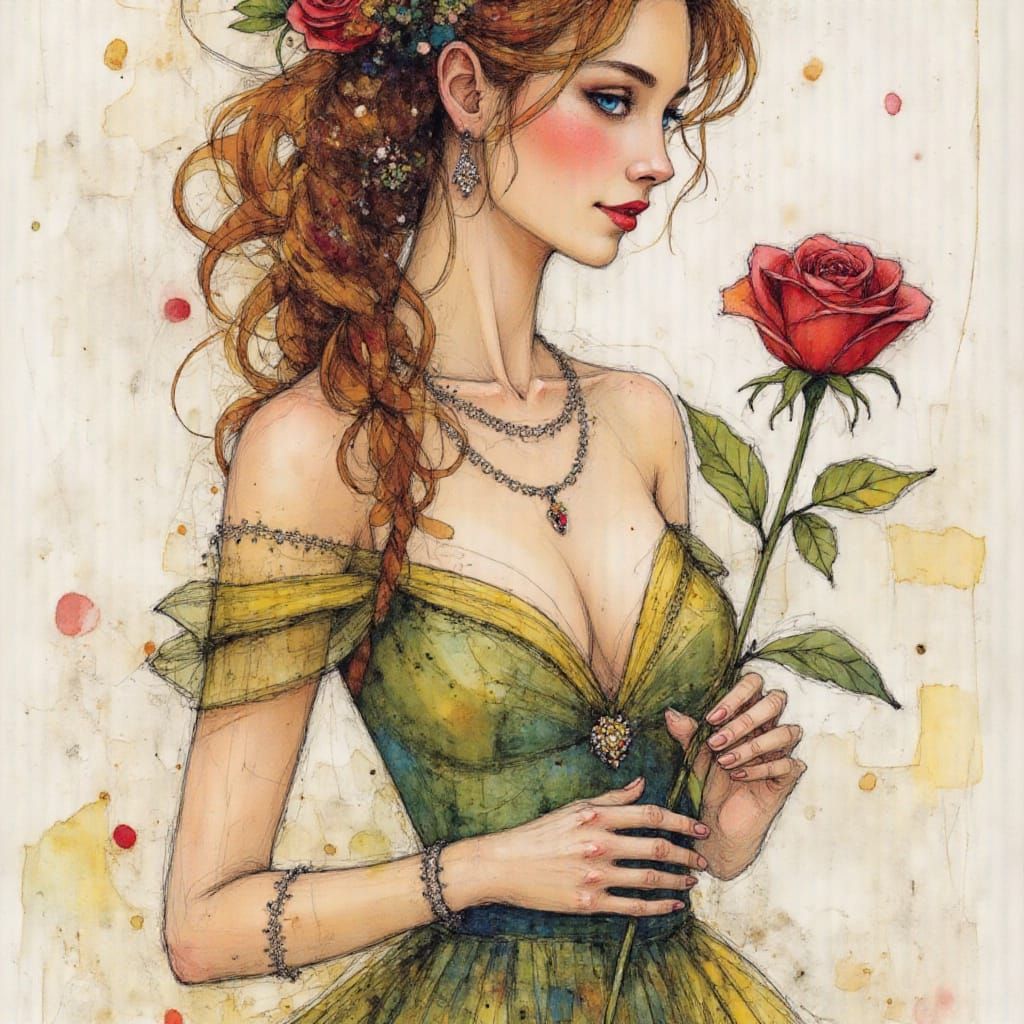 Belle with Rose: Pen and Ink Masterpiece