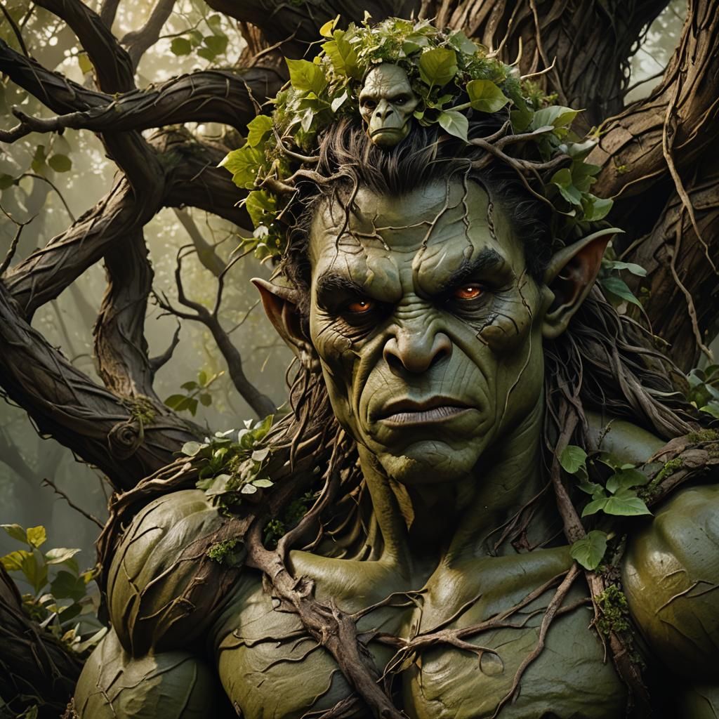 Hyperrealistic Orc-Dryad Hybrid Portrait in Dramatic Lightin...