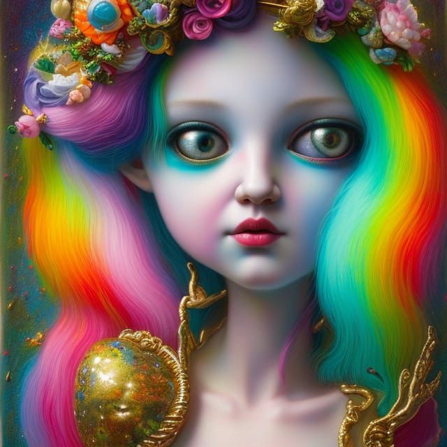 A beautiful 1400’s European renaissance era medieval frumpy pastel-rainbow kandikid EDM raver portrait