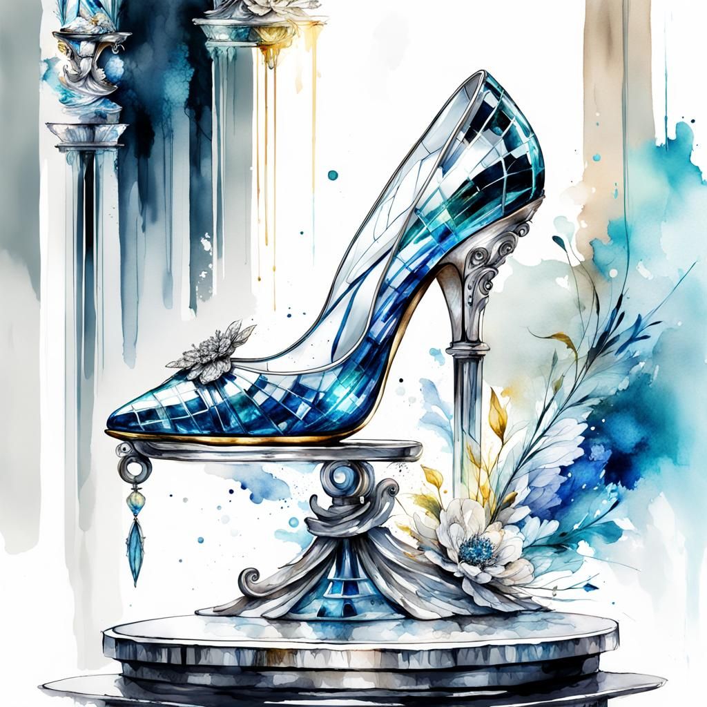 Silver Blue Glass Slipper, Digital Watercolor Art