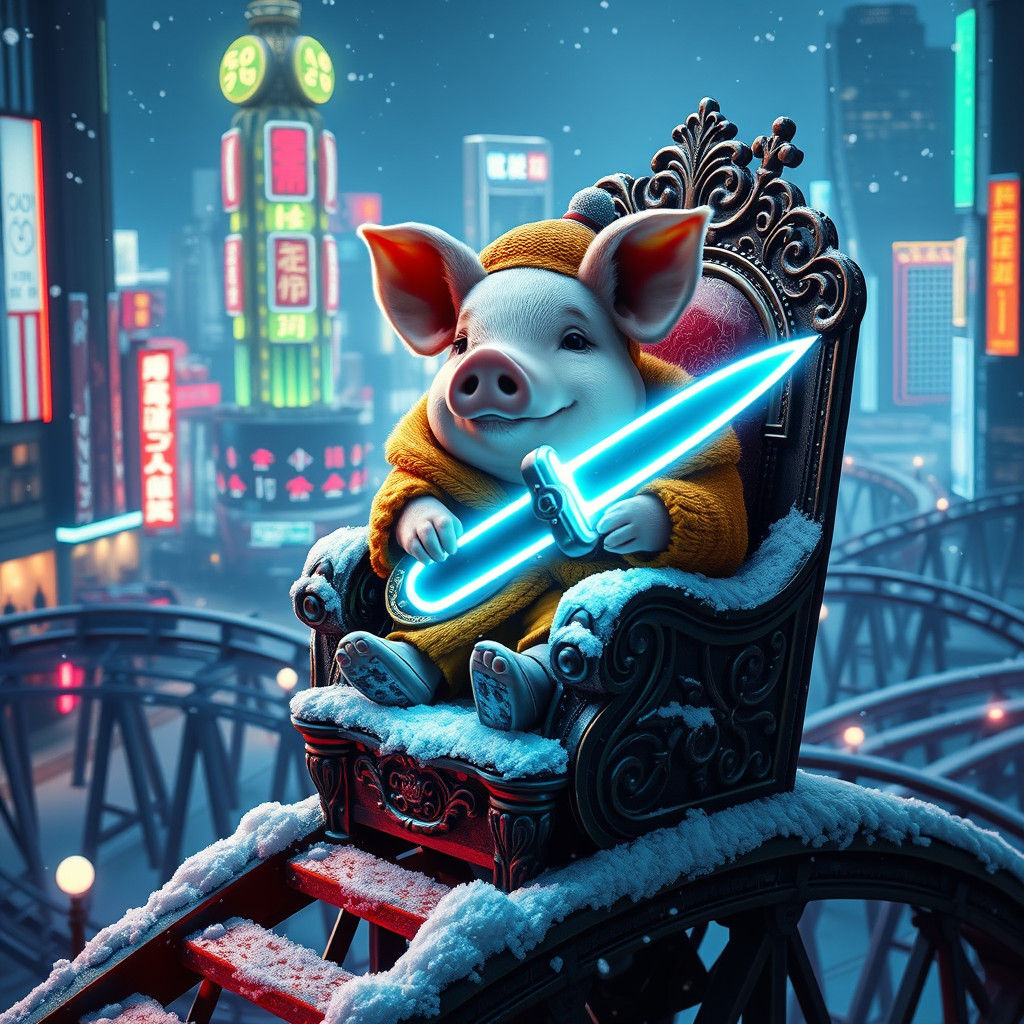 Pig on Rollercoaster Throne in Cyberpunk Tokyo