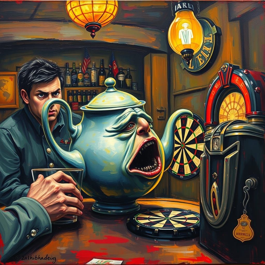 Terrified Teapot Screams in Bar, Neo-Impressionist Style