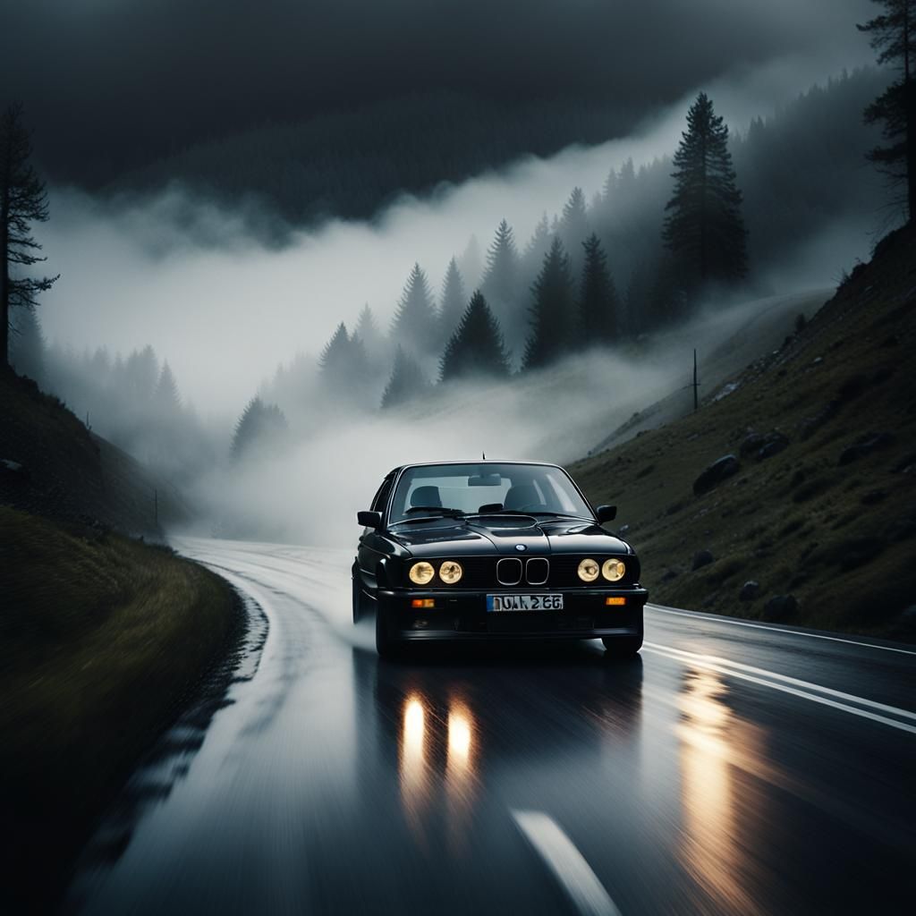 Black BMW E30 M3 on Misty Mountain Road