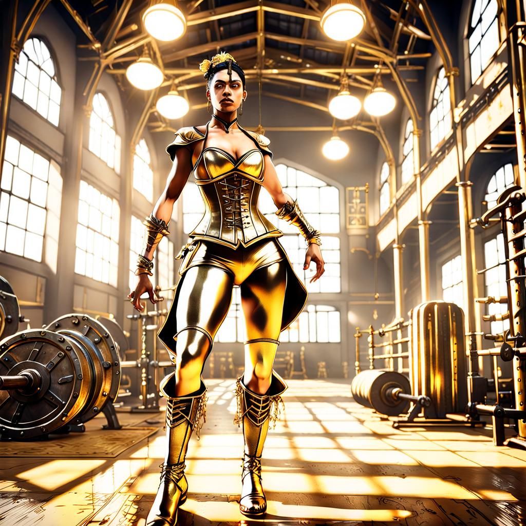 Steampunk Acrobat Warrior in Old Gym: Anime Style