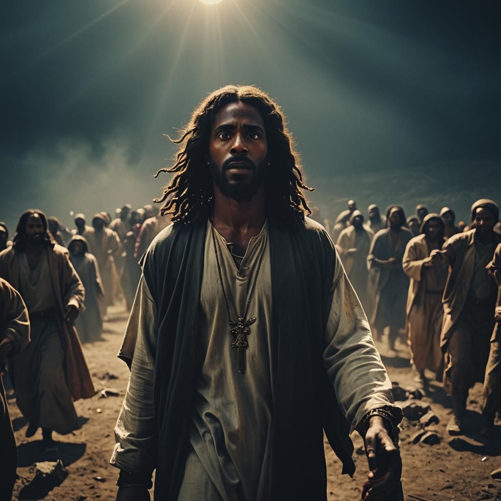 Cinematic Film Still of Black Jesus Figure