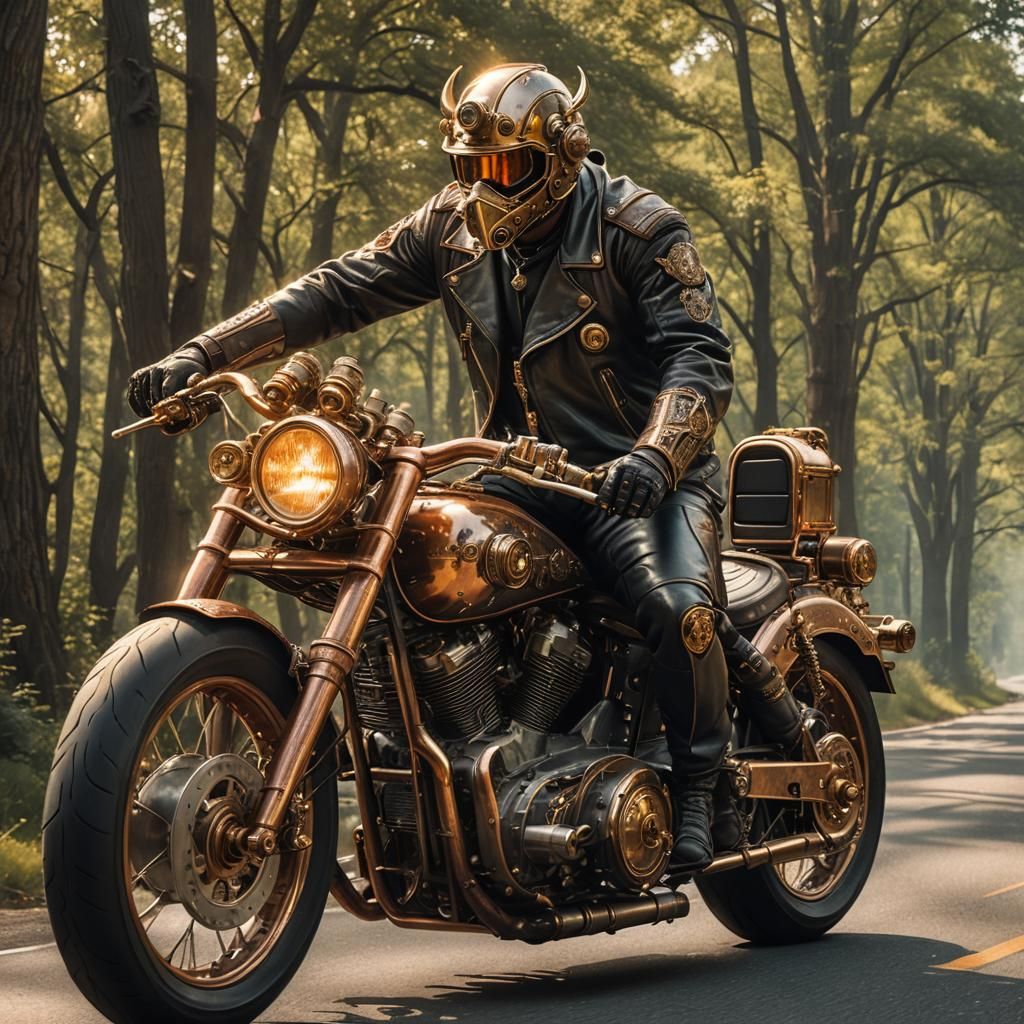 Steampunk Bull Biker on a Radiant Road