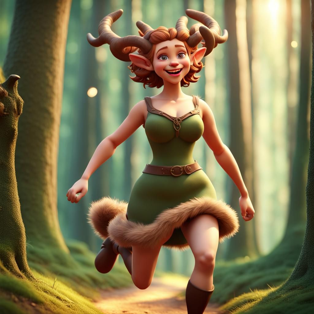 beutiful medieval princess satyr, girl and satyr hybrid, elegant skirt, running in the forest, smiling, joyful, hooves, ...