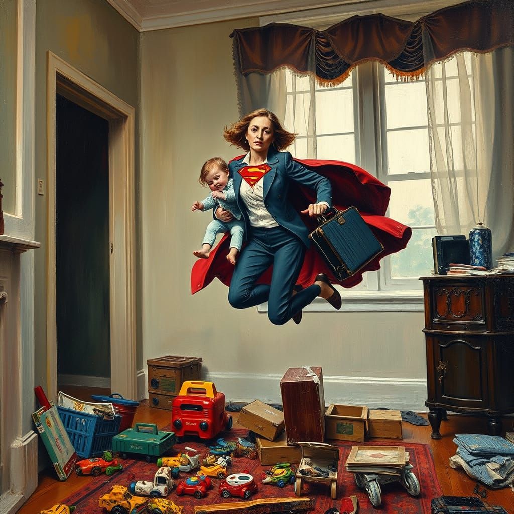 Supermom in Flight: An Expressionist Oil Painting