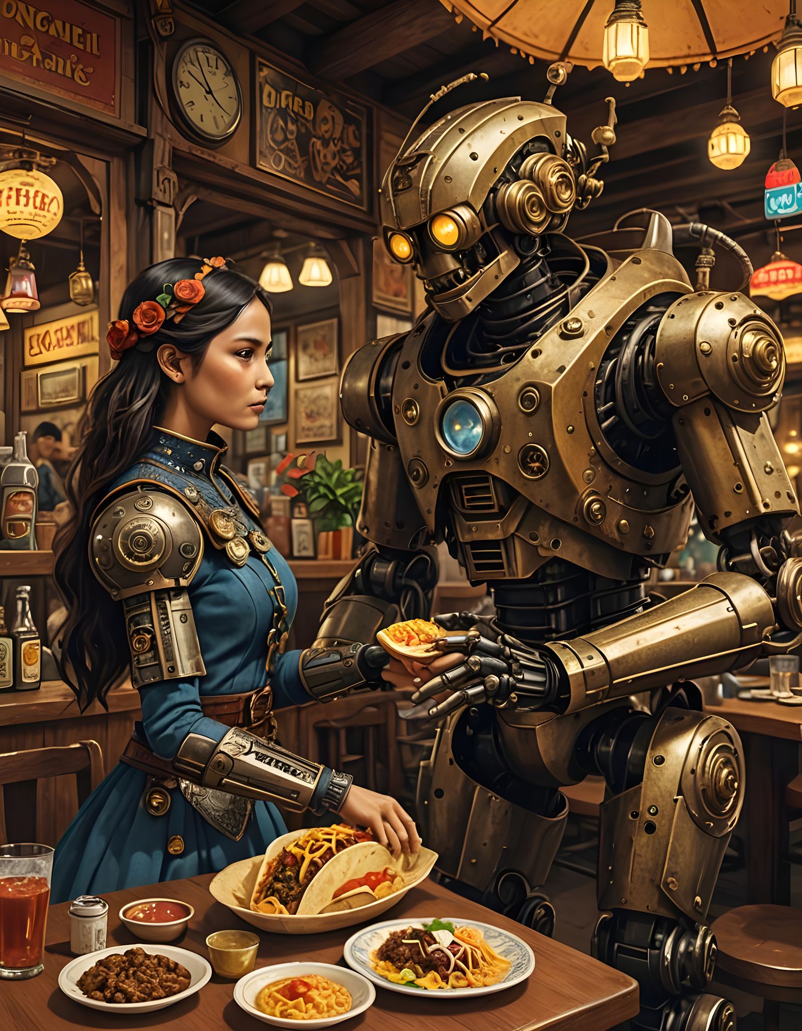 Steampunk Robots Share a Taco: Hyperrealistic Digital Art