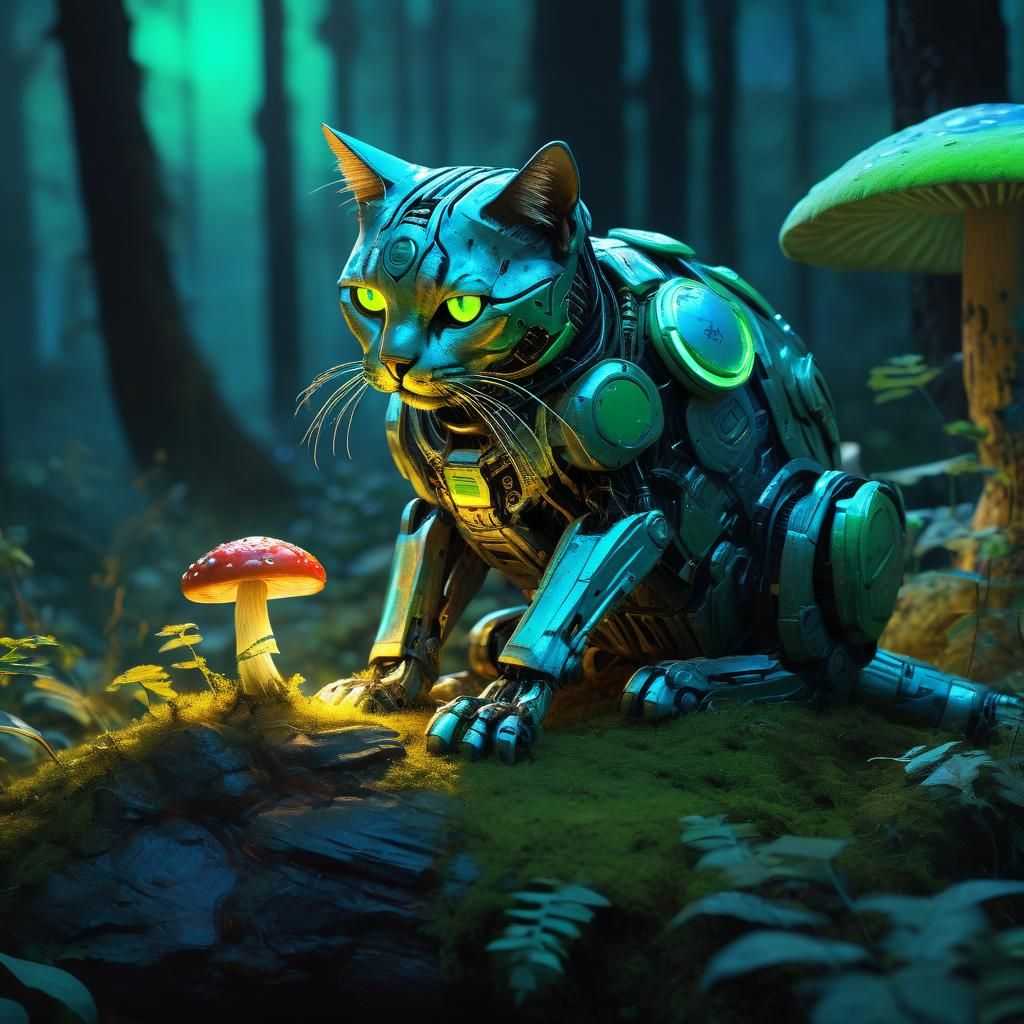 Robot Cat in Mystical Forest, Digital Art
