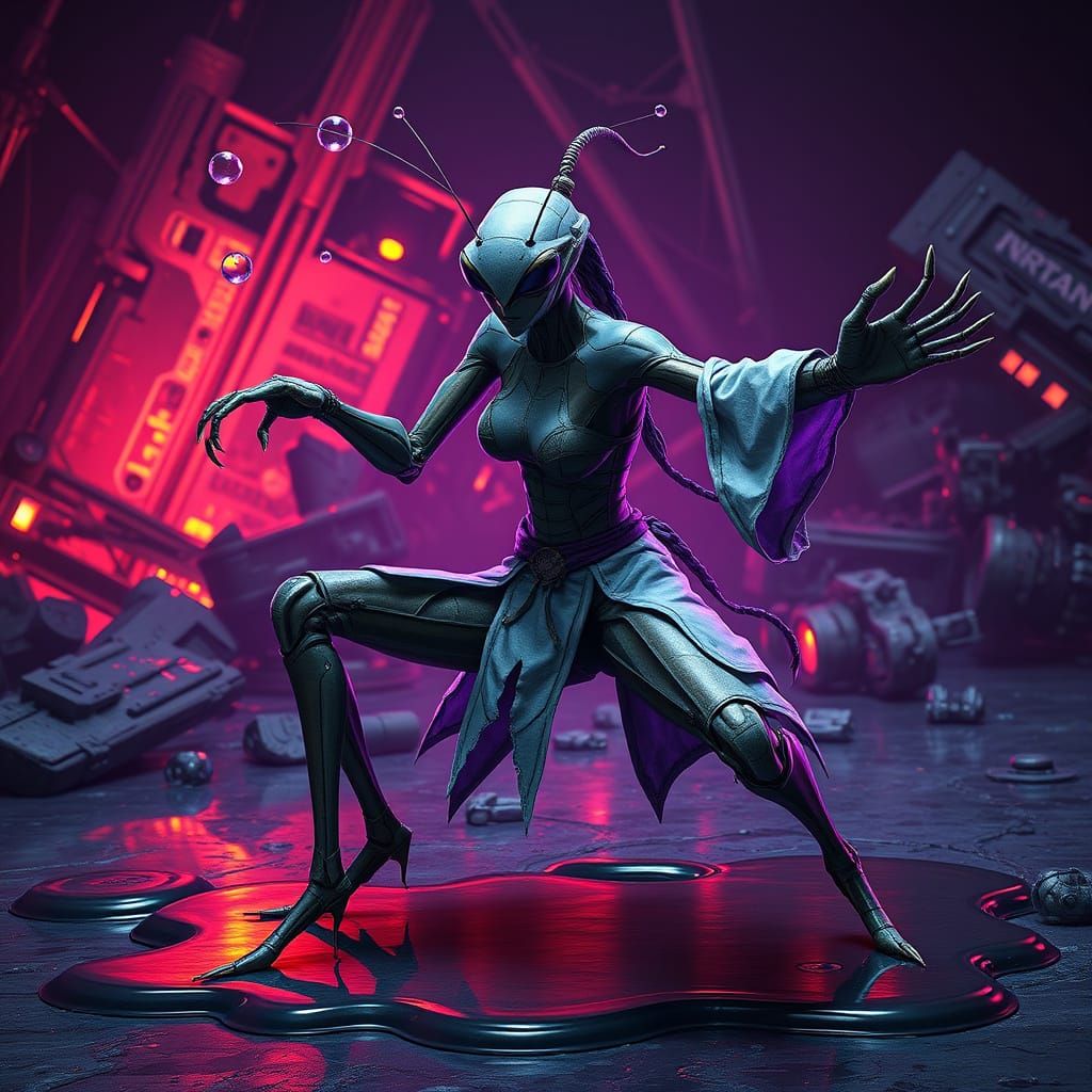 Futuristic Mantis Warrior in Combat Squat