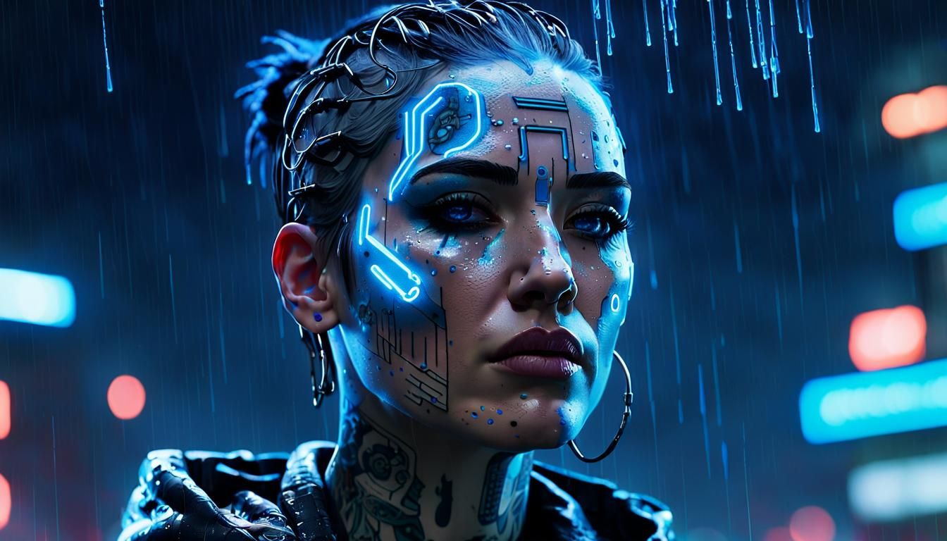Cyberpunk Cyborg Portrait in Electric Neon Rain